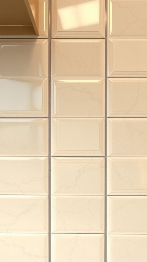 Natasha 2x6 glossy porcelain tiles in oat color displayed on a kitchen backsplash.